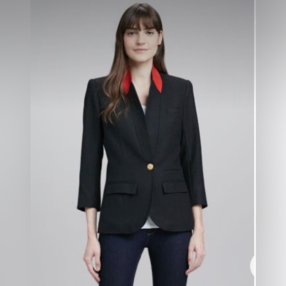 Orig $798 EUC Smythe One Button Poppy Red Lapel Black Blazer Size 2 - Picture 1 of 11